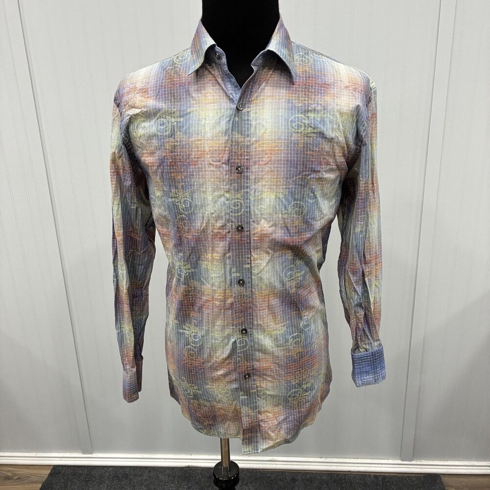 Johnston & Murphy Men's Large Multicolored Contrast Cuff Button Up Shirt Preppy